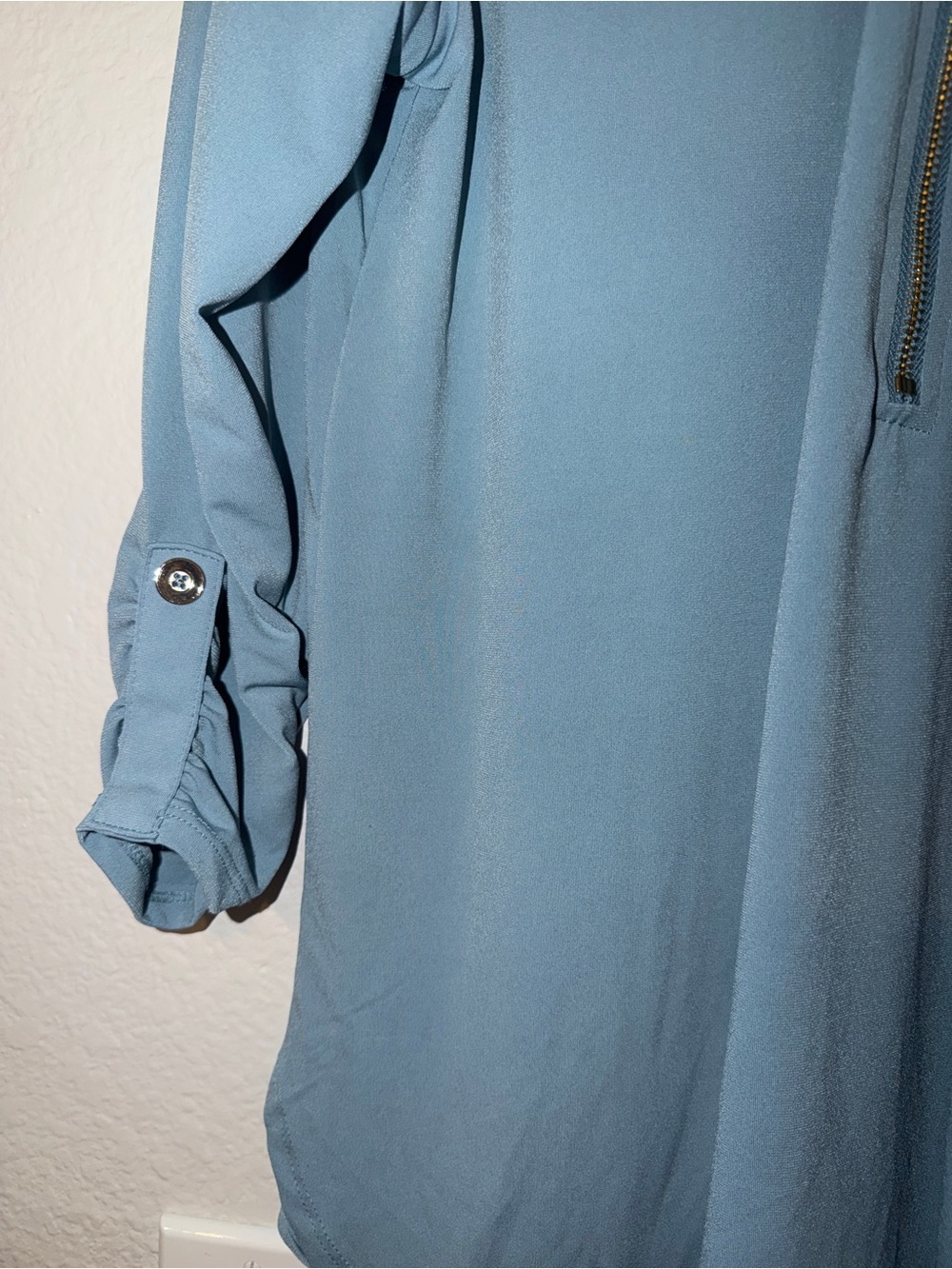 Zenana Half-Zip Roll-Sleeve Blouse - Dusty Blue - Picture 5 of 8